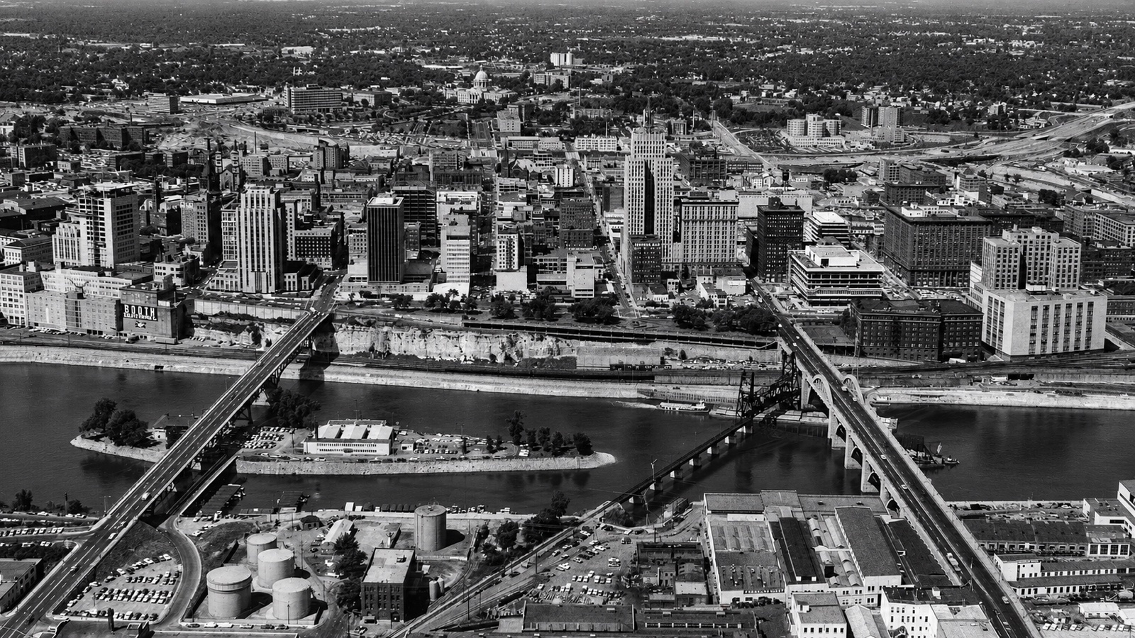 Downtown Saint Paul, its historic towers at dusk