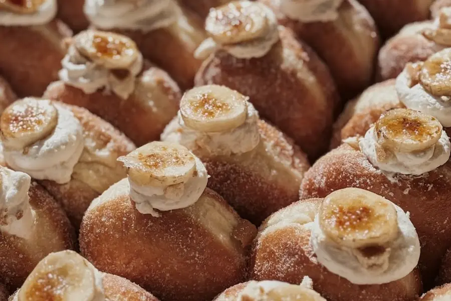 A tray of cream-filled brioche pastries on a bakery counter