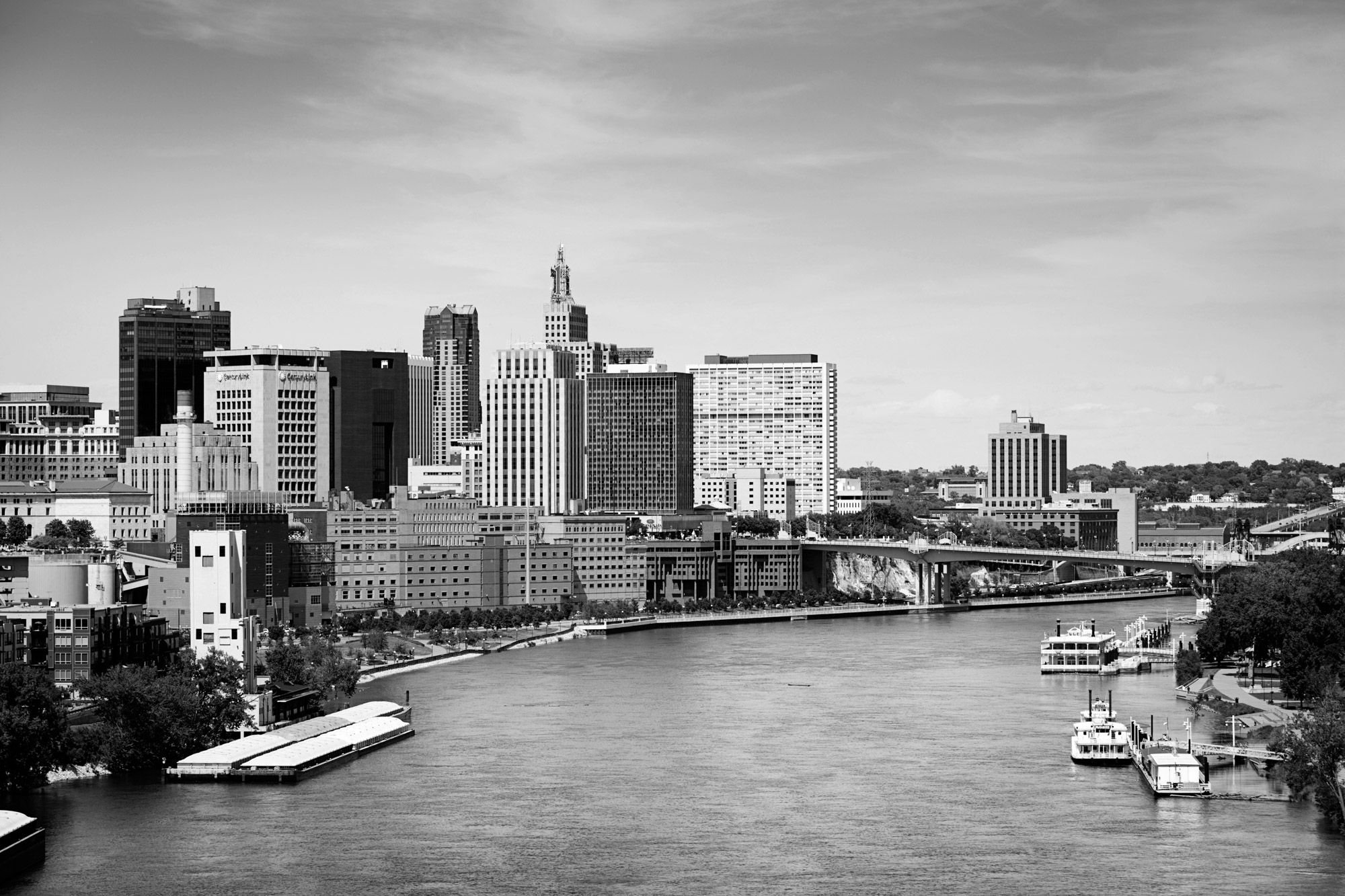 Downtown Saint Paul skyline in black and white
